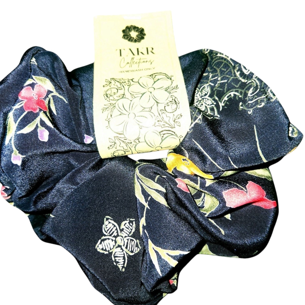 Floral Scrunchie - Navy Blue. 2-Pc. Set. Item No. S-103. - Picture 3 of 11
